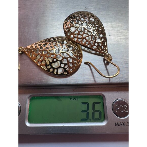 Estate Sterling Silver 925 Gold Tone Teardrop Filigree Dangle Earrings - Picture 6 of 7